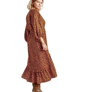 Umgee Tan Black Dalmation Print Dark Cottagecore Puff Sleeve Hi Lo Midi Dress M